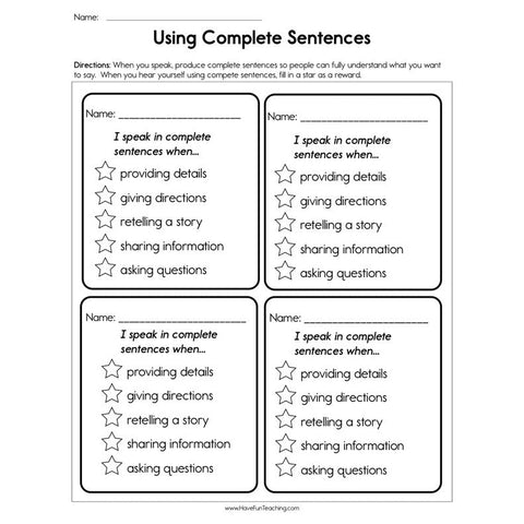 Using Complete Sentences Worksheet