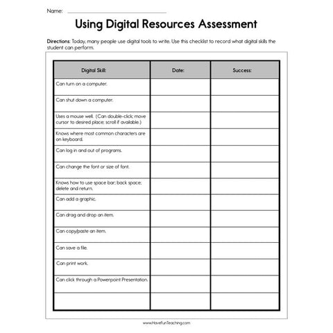 Using Digital Resources Assessment Worksheet