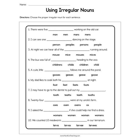 Using Irregular Nouns Worksheets Worksheet
