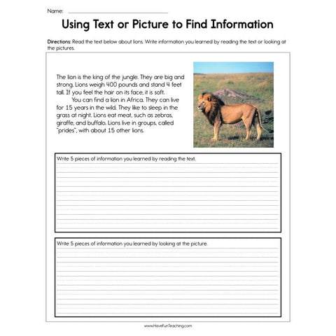 Using Text or Picture to Find Information Worksheet