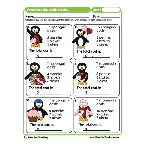 Valentines Day Adding Coins Worksheet
