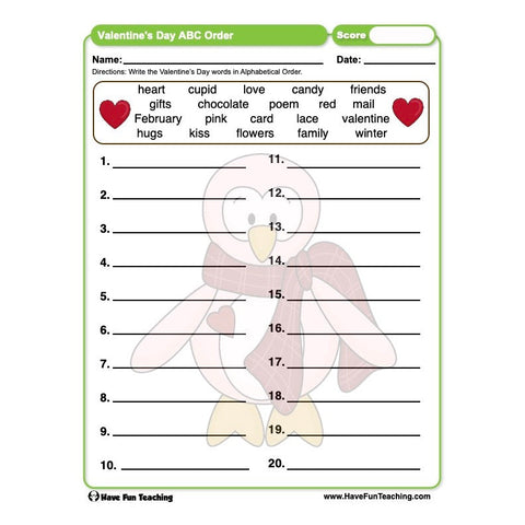 Valentine's Day ABC Order Worksheet