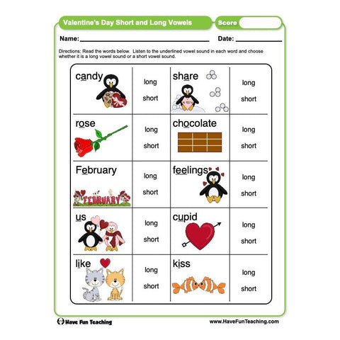 Valentines Day Short and Long Vowels Worksheet