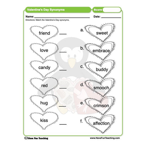 Valentines Day Synonyms Worksheet