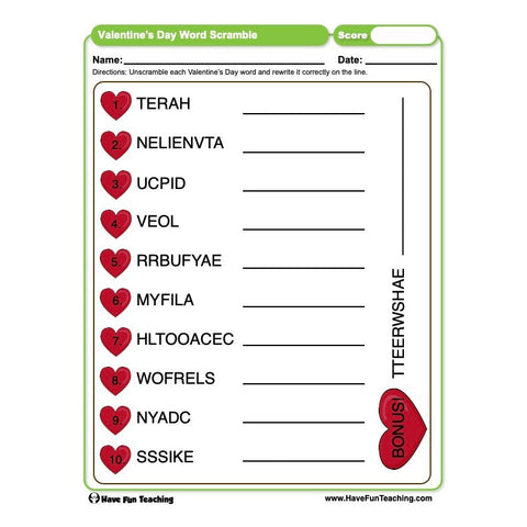 Valentines Day Word Scramble Worksheet