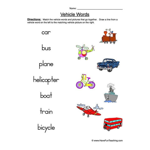 Vehicle Words Worksheet