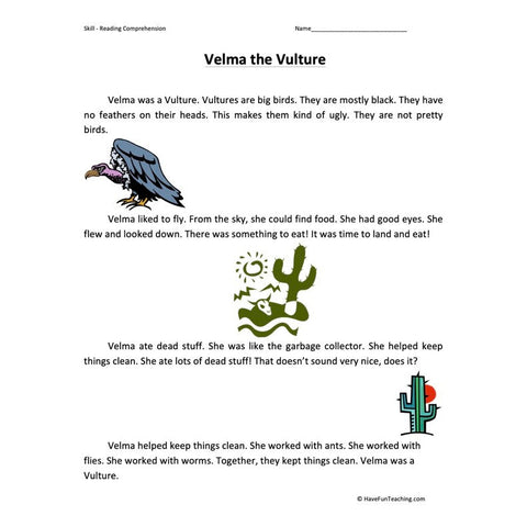 Velma the Vulture Reading Comprehension Worksheet