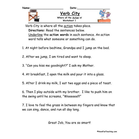 Verb City Worksheet