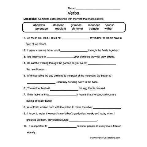 Verb 1 Worksheet