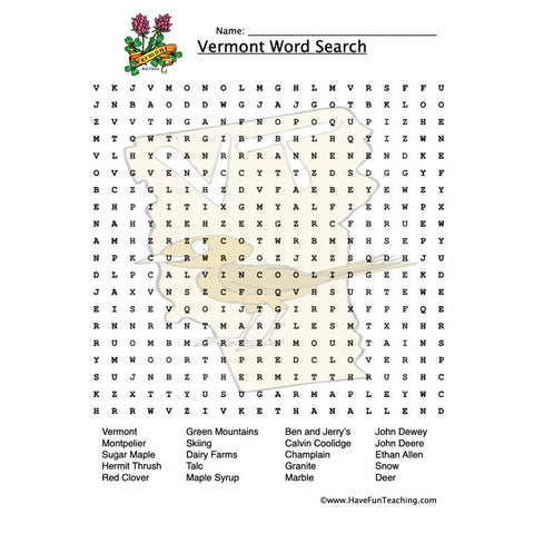 Vermont Wordsearch Worksheet