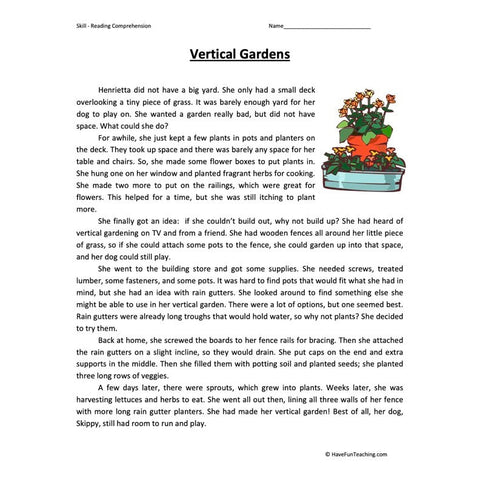 Vertical Gardens Reading Comprehension Worksheet