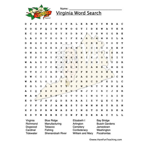 Virginia Wordsearch Worksheet