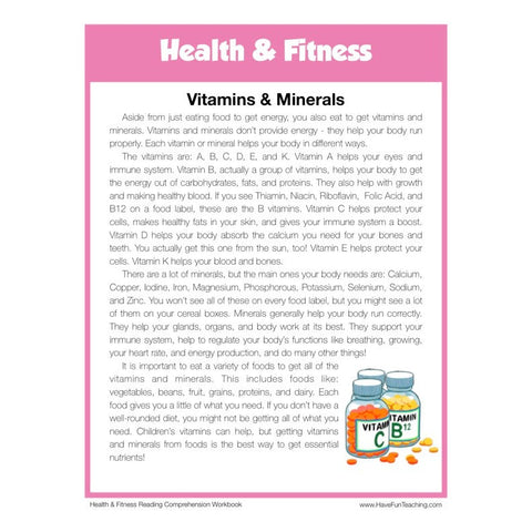 Vitamins and Minerals Health and Fitness Reading Comprehension Worksheet