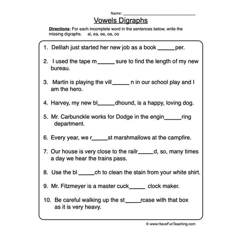 Vowel Digraphs Worksheet