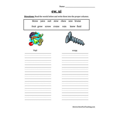 Vowel Ew Ui Worksheet