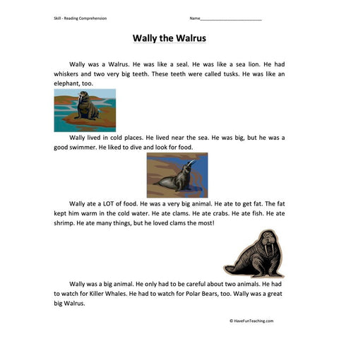 Wally the Walrus Reading Comprehension Worksheet