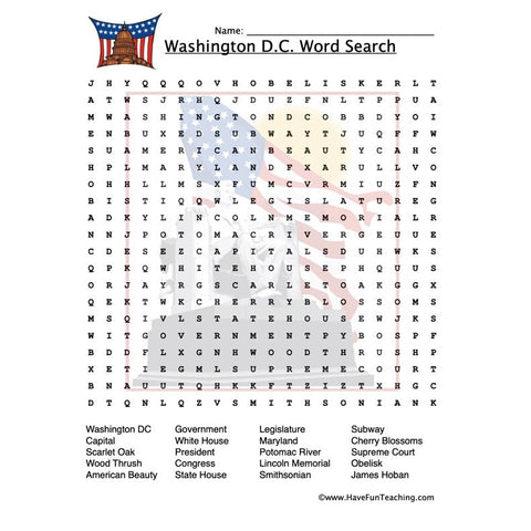 Washington Dc Wordsearch Worksheet