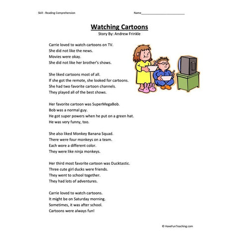 Watching Cartoons Reading Comprehension Worksheet