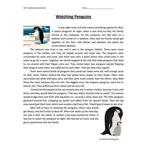 Watching Penguins Reading Comprehension Worksheet