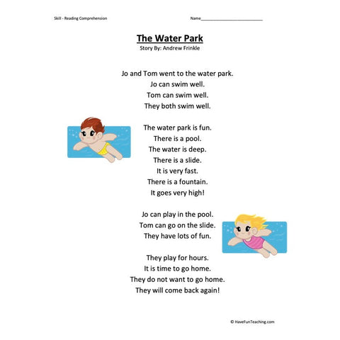 Water Park Reading Comprehension Worksheet