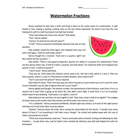 Watermelon Fractions Reading Comprehension Worksheet