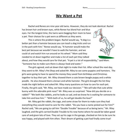 We Want a Pet Reading Comprehension Worksheet