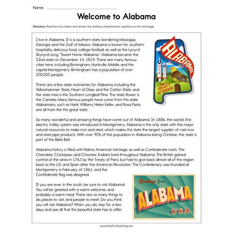 Welcome to Alabama Reading Comprehension Worksheet