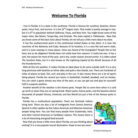 Welcome to Florida Reading Comprehension Worksheet
