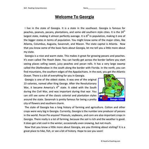 Welcome to Georgia Reading Comprehension Worksheet