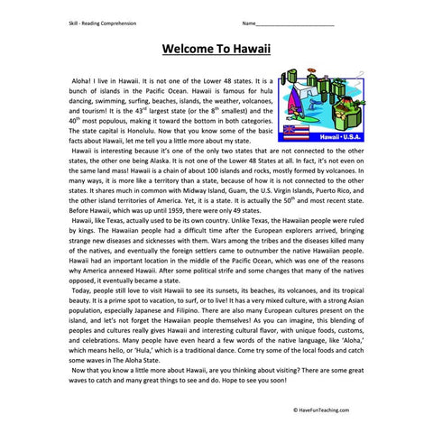 Welcome to Hawaii Reading Comprehension Worksheet