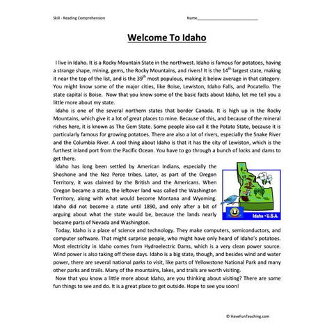Welcome to Idaho Reading Comprehension Worksheet