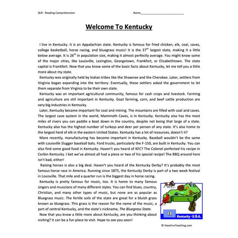 Welcome to Kentucky Reading Comprehension Worksheet