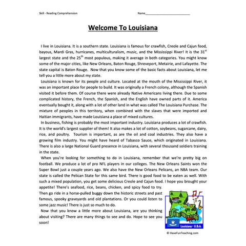 Welcome to Louisiana Reading Comprehension Worksheet