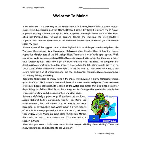 Welcome to Maine Reading Comprehension Worksheet