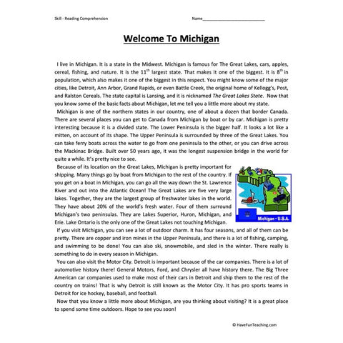 Welcome to Michigan Reading Comprehension Worksheet