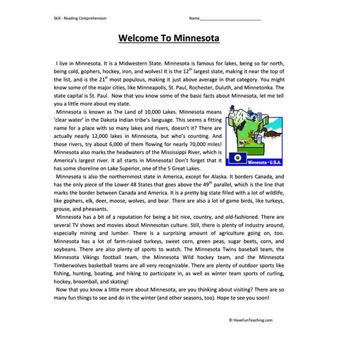 Welcome to Minnesota Reading Comprehension Worksheet