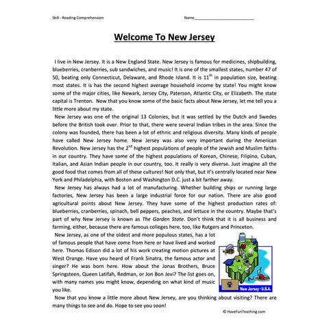 Welcome to New Jersey Reading Comprehension Worksheet