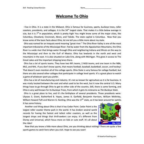 Welcome to Ohio Reading Comprehension Worksheet