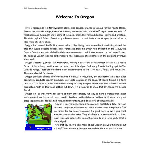 Welcome to Oregon Reading Comprehension Worksheet