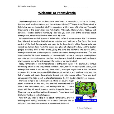 Welcome to Pennsylvania Reading Comprehension Worksheet