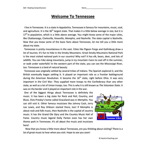 Welcome to Tennessee Reading Comprehension Worksheet