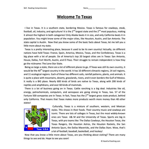 Welcome to Texas Reading Comprehension Worksheet