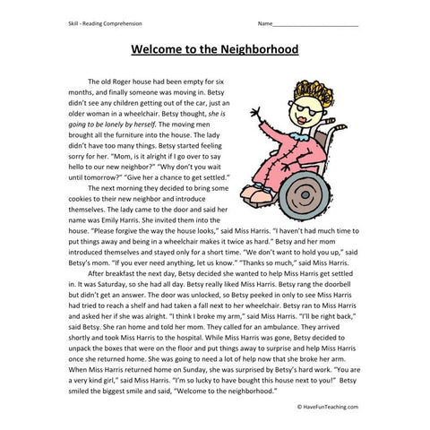 Welcome to the Neighborhood Reading Comprehension Worksheet