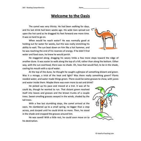 Welcome to the Oasis Reading Comprehension Worksheet