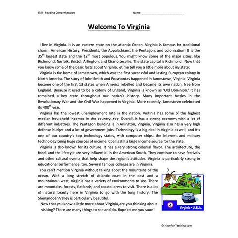 Welcome to Virginia Reading Comprehension Worksheet