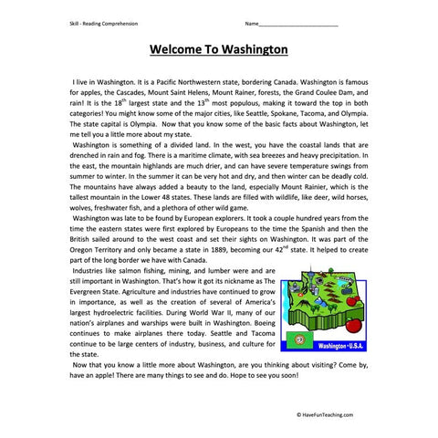 Welcome to Washington Reading Comprehension Worksheet