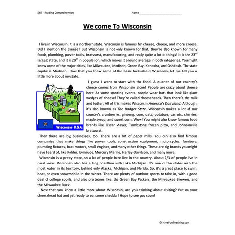 Welcome to Wisconsin Reading Comprehension Worksheet