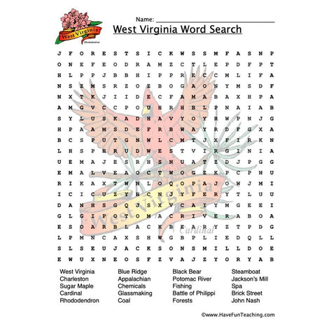 West Virginia Wordsearch Worksheet