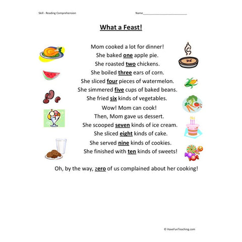 What a Feast Reading Comprehension Worksheet