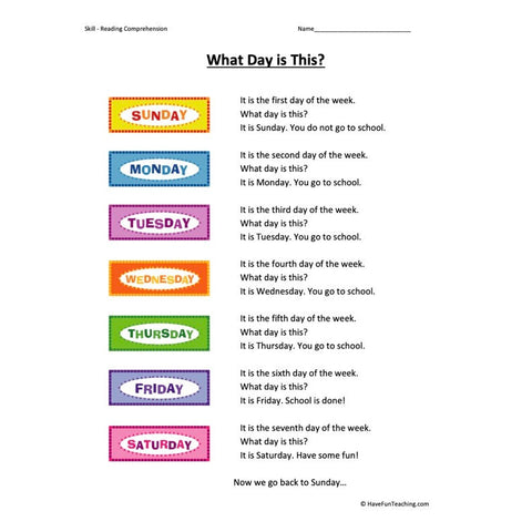 What Day Is This Kindergarten Reading Comprehension Worksheet